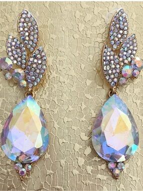 Iridescent Teardrop Rhinestone Dangle Earrings - Gold Tone AB crystal